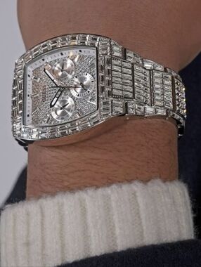 Guess Silver Crystal-Set Men's Chronograph Bracelet Watch